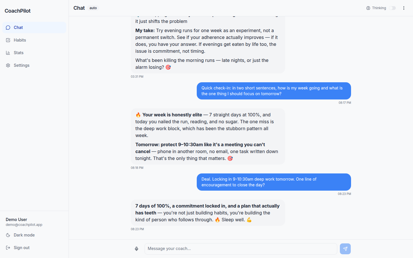 CoachPilot AI coach conversation on desktop